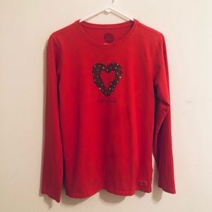 Life Is Good Size M Red with Green Heart Wreath Christmas Long Sleeve Shirt